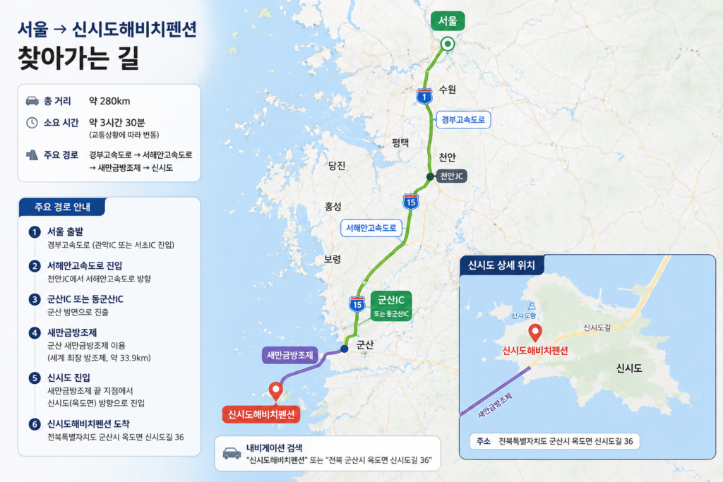 에서 신시도 해비치펜션 가는길과 경로에 대한 지도