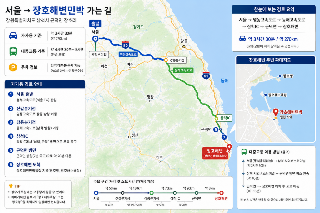 서울에서 삼척 장호해변 해변민박 가는길과 이동경로 지도