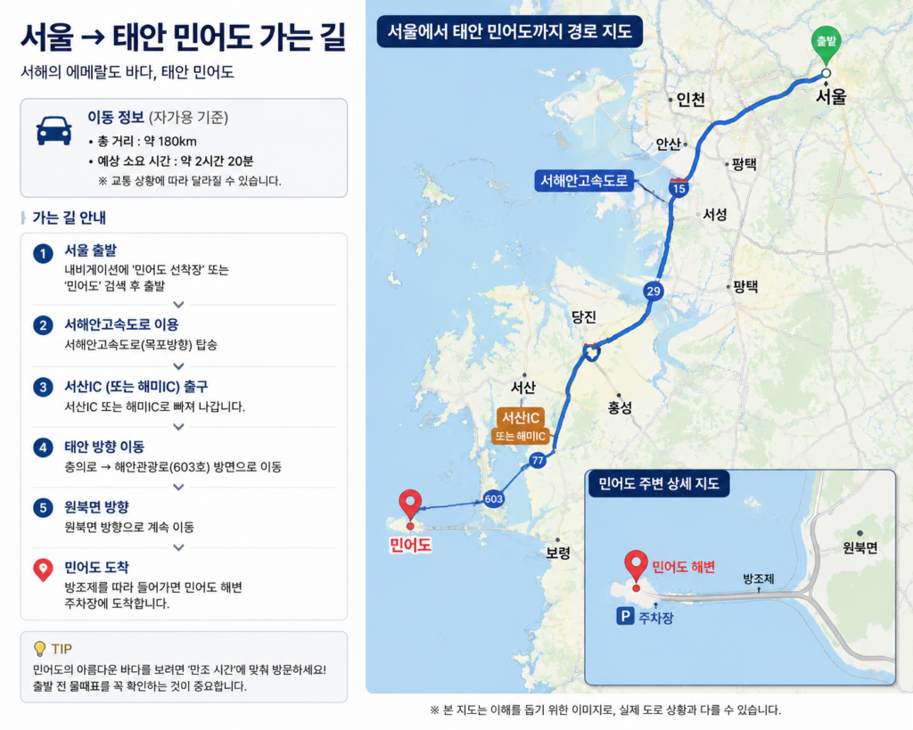 서울에서 충남 태안 민어도까지 자동차 이동 경로를 안내하는 지도