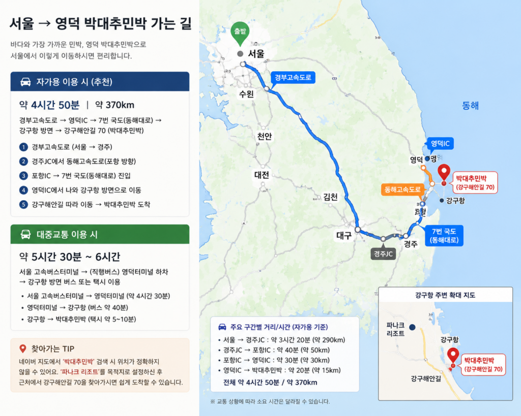 서울에서 영덕 박대추민박까지 자가용과 대중교통 이동 경로를 안내하는 지도