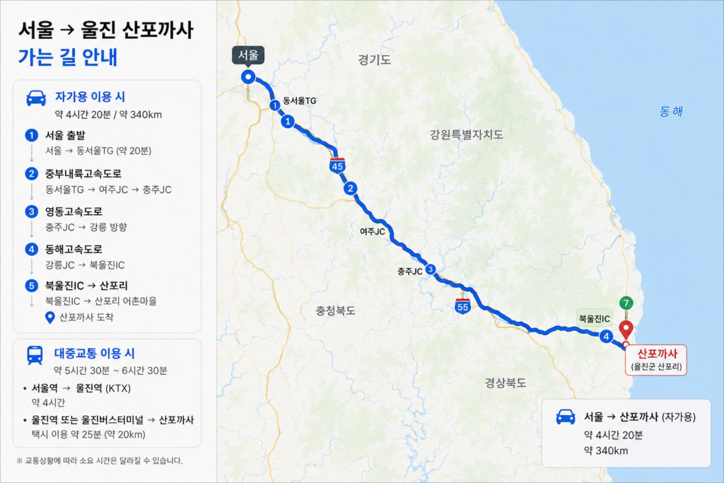 서울에서 울진 산포까사 가는 길과 주요 이동 경로 안내 지도