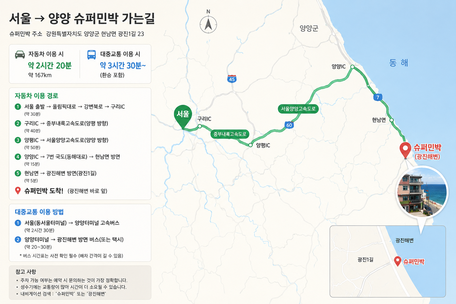 yangyang-gwangjin-beach-super-minbak-map 서울에서 양양 광진해변 슈퍼민박까지 자동차와 대중교통 이동 경로를 정리한 지도