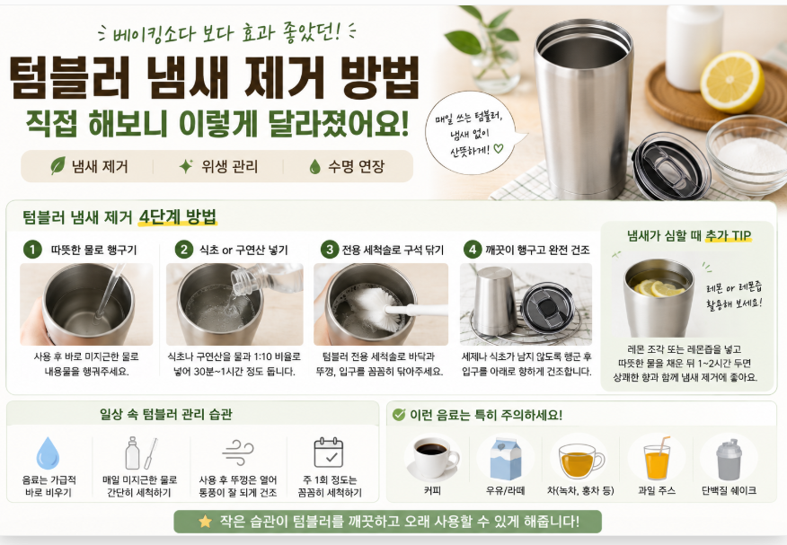 텀블러 냄새 제거 방법과 스테인리스 텀블러 세척 순서를 정리한 인포그래픽