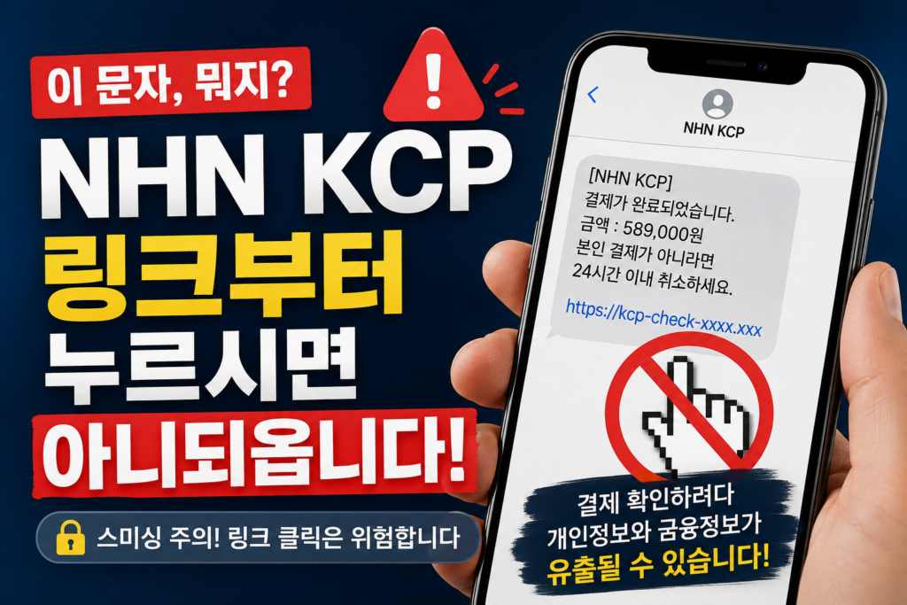 NHN KCP 결제 문자 사칭 사례와 링크 클릭 위험을 강조한 썸네일