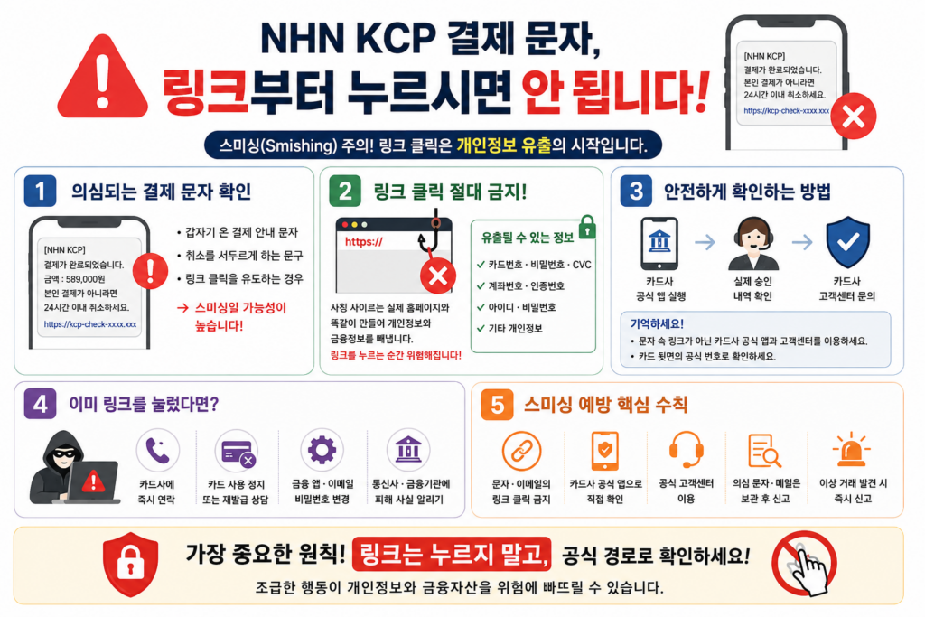 NHN KCP 결제 문자 스미싱 피해를 예방하는 방법과 링크 클릭 시 대처법을 정리한 인포그래픽